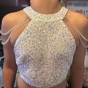 Sequin Halter Top with Chain Straps